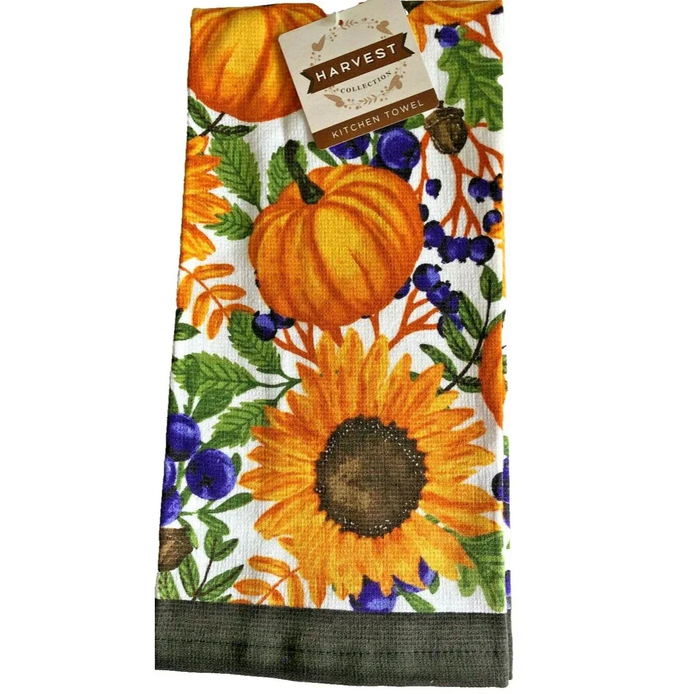 Thanksgiving Sunflower Kitchen Dish Towels Fall Autumn Harvest Cotton Set of 2